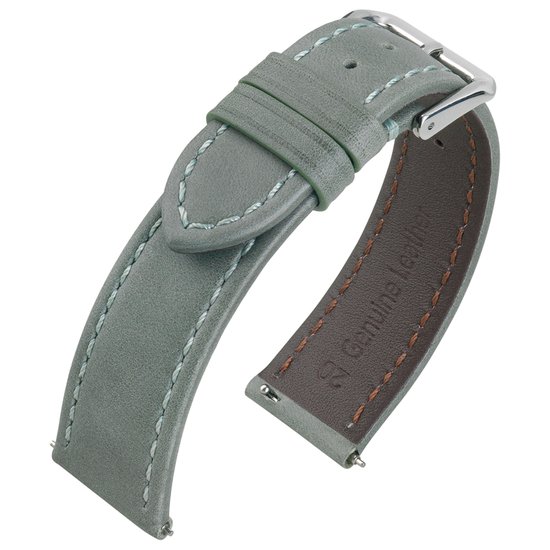 Grijsgroen kalfsleren horlogebandje met lichte stiksels en zilverkleurige gesp. 'Genuine Leather' opdruk.