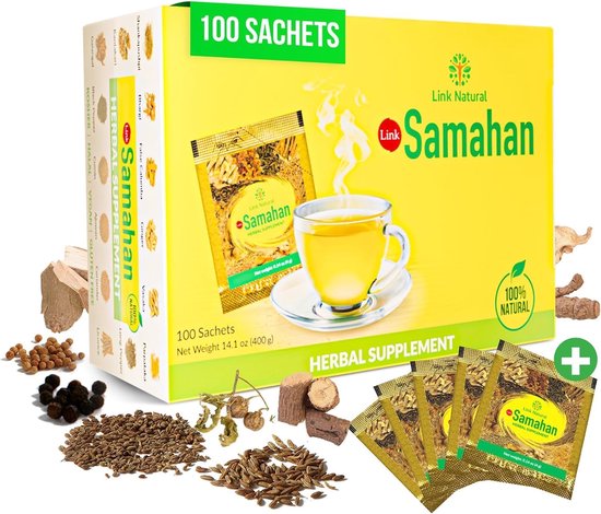 Doos Samahan kruidenthee met 100 sachets. Een kopje thee en losse kruiden worden getoond.