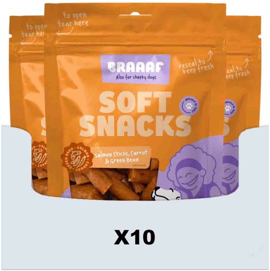 Braaaf Sticks Hondensnack Wortel - Sperzieboon - Zalm - 10 x 85 gr - Voordeelverpakking