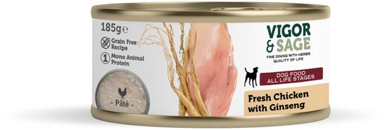 Vigor & Sage Hondenvoer Vers-in-Blik Kip - Ginseng - 12 x 185 gr - Voordeelverpakking