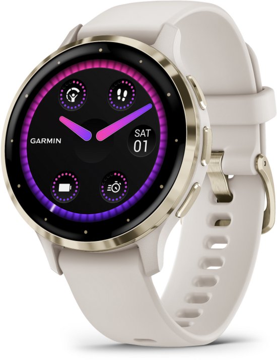 Garmin Venu 3s smartwatch met een ivoorkleurige band en gouden rand. Het AMOLED-scherm toont paarse en roze accenten.