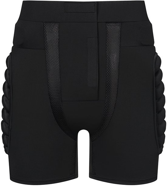 Zwarte beschermende schaatsbroek met padding op de heupen en mesh banden aan de achterkant.