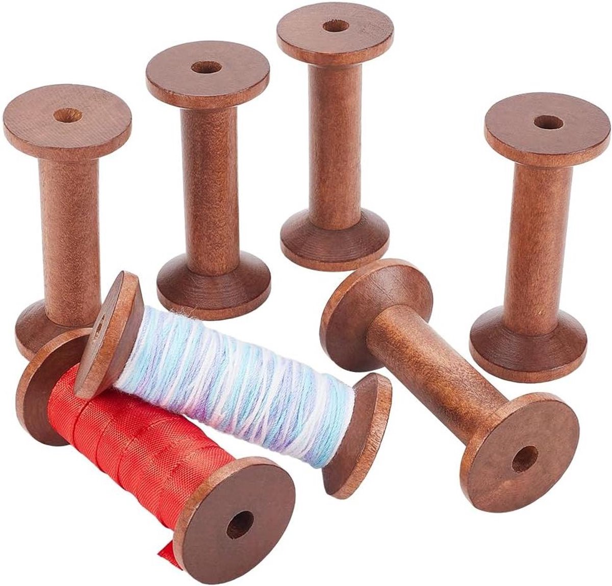 Allecto Premium - Houten spoelen voor draad weven en handwerk - 6 stuks - lege rollen - lint borduurwerk - sieraden ketting - wikkelen 7,5 x 3,5 cm