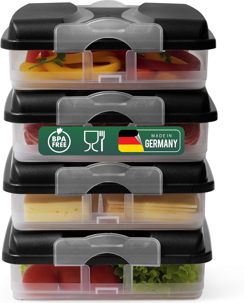 Novaliv 4x kleine voedselcontainers met 4x deksels, stapelbaar voor koelkast en vriezer, set opslagcontainers, opbergdoos organizer, voor vleeswaren, worst, kaas, fruit, groenten, maaltijdvoorbereidingscontainer