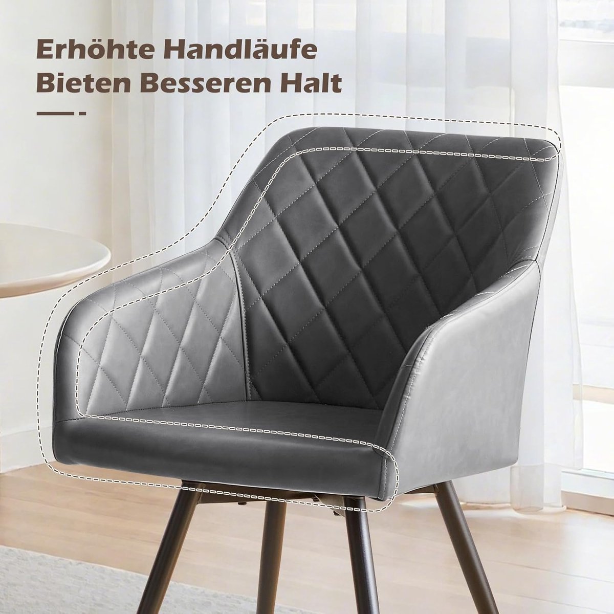 Eetkamerstoelen Set van 6 Ganeey Draaibare Stoelen met Armleuningen – Luxe Kunstleren Stoelen met Metalen Poten, Comfortabele Design Stoelen voor Eetkamer, Keuken, Woonkamer – Donkergrijs