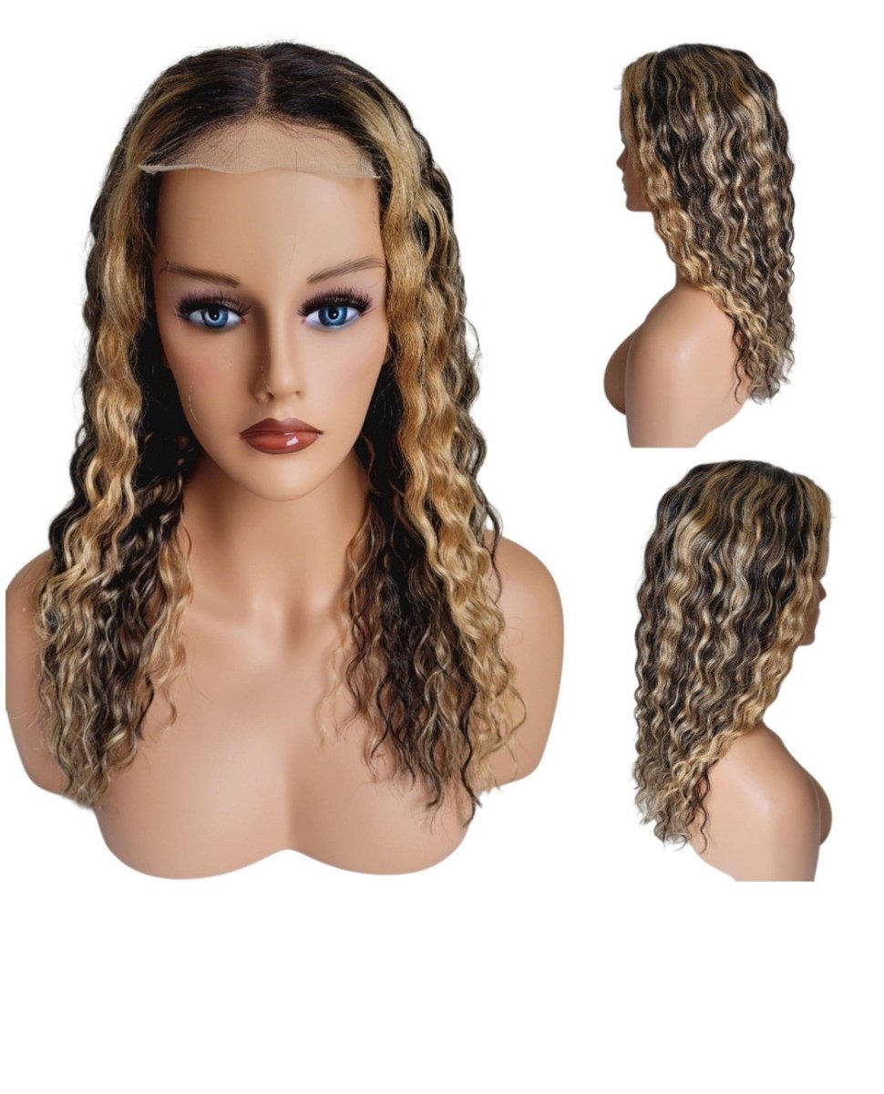 Frazimashop- Pruik 18 inch – Kinky Krullend Haar – Highlight Mixkleur – Pruiken dames- Vietnamees Virgin Mensenhaar – Lace Closure 4x4 – Haarwerken echt haar-Luxe Dames Haarwerk