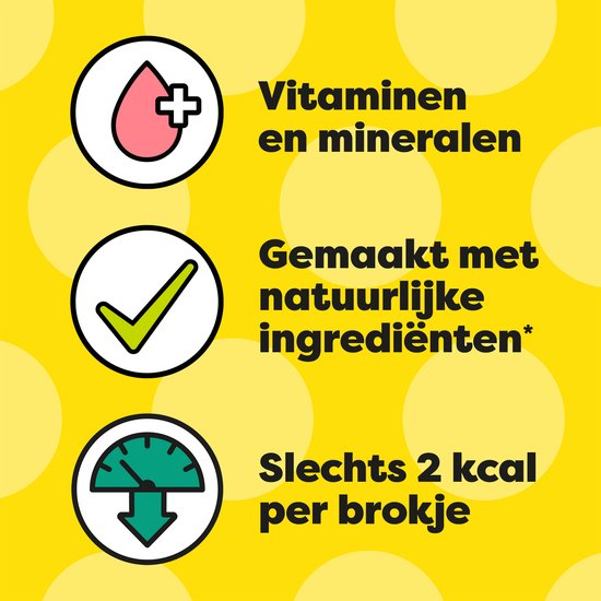 Vitamines en mineralen, gemaakt met natuurlijke ingrediënten, slechts 2 kcal per brokje. Grote gele stippen op achtergrond.