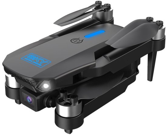 Zwarte opvouwbare drone, dichtgevouwen met propellers naar binnen. Blauwe verlichting op de romp.
