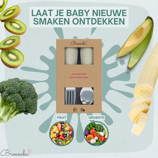 Couverts pour enfants en acier inoxydable Broemba - Cuillère et fourchette Bébé Bébé manche en silicone - Couverts pour bébé 100 % sans BPA - Cuillère et fourchette Kinder - Couverts beiges pour tout-petits