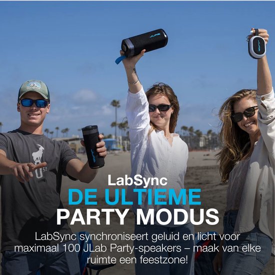 JLab Pop Mini Bluetooth Speaker Draadloos - Draagbare Muziekbox - 8 uur Batterijduur - 5 Watt - IPX6 Waterproof - Multipairing - Instelbare Party Lights - App Equalizer - Zwart