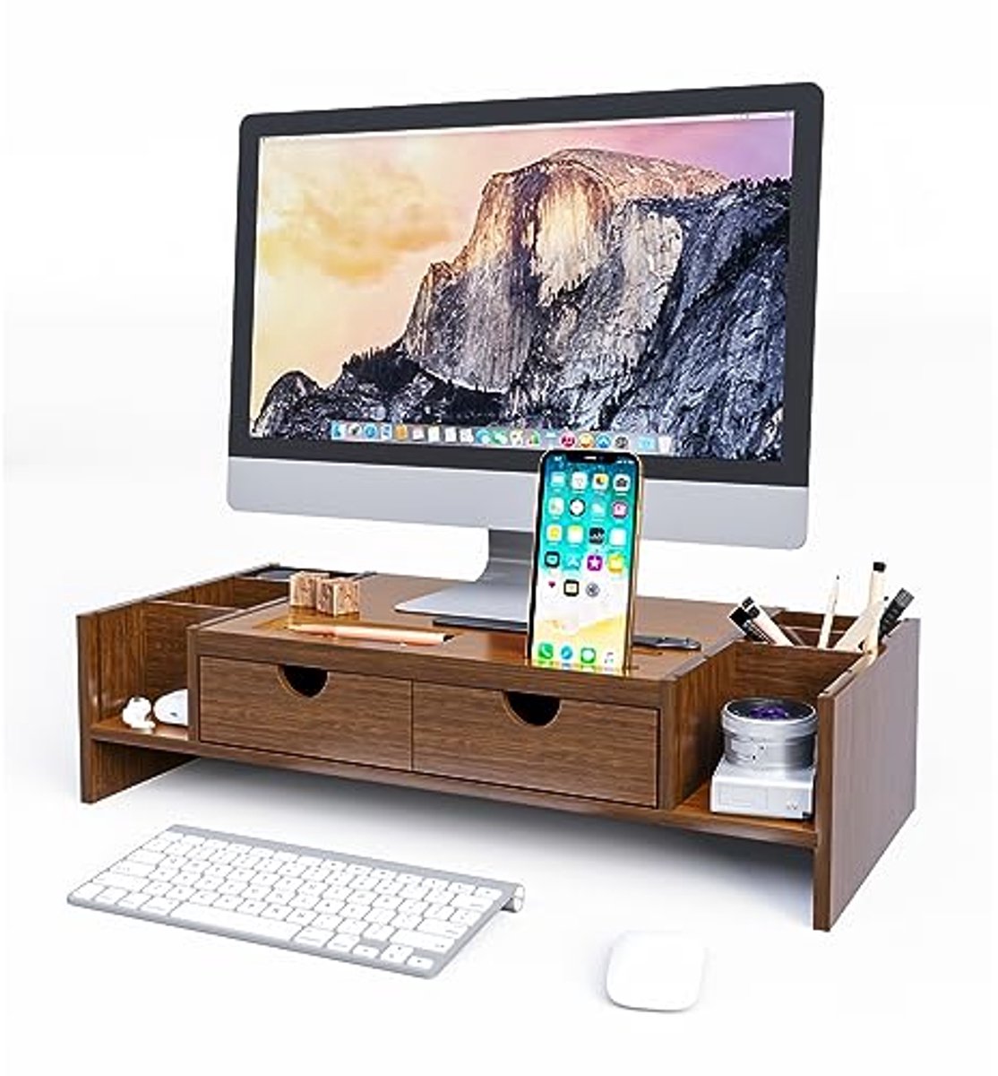 Luxe Bamboe Monitorstandaard met Verstelbare Opslag en Laden voor Laptop, TV en Printer
