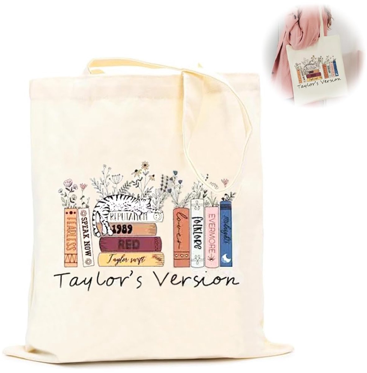 Stoffen tas bedrukt, TS album katoenen tas bedrukt, TS canvas tas stoffen tas esthetische tassen katoenen tas linnen tas cadeau muziekliefhebbers, wit, Wit