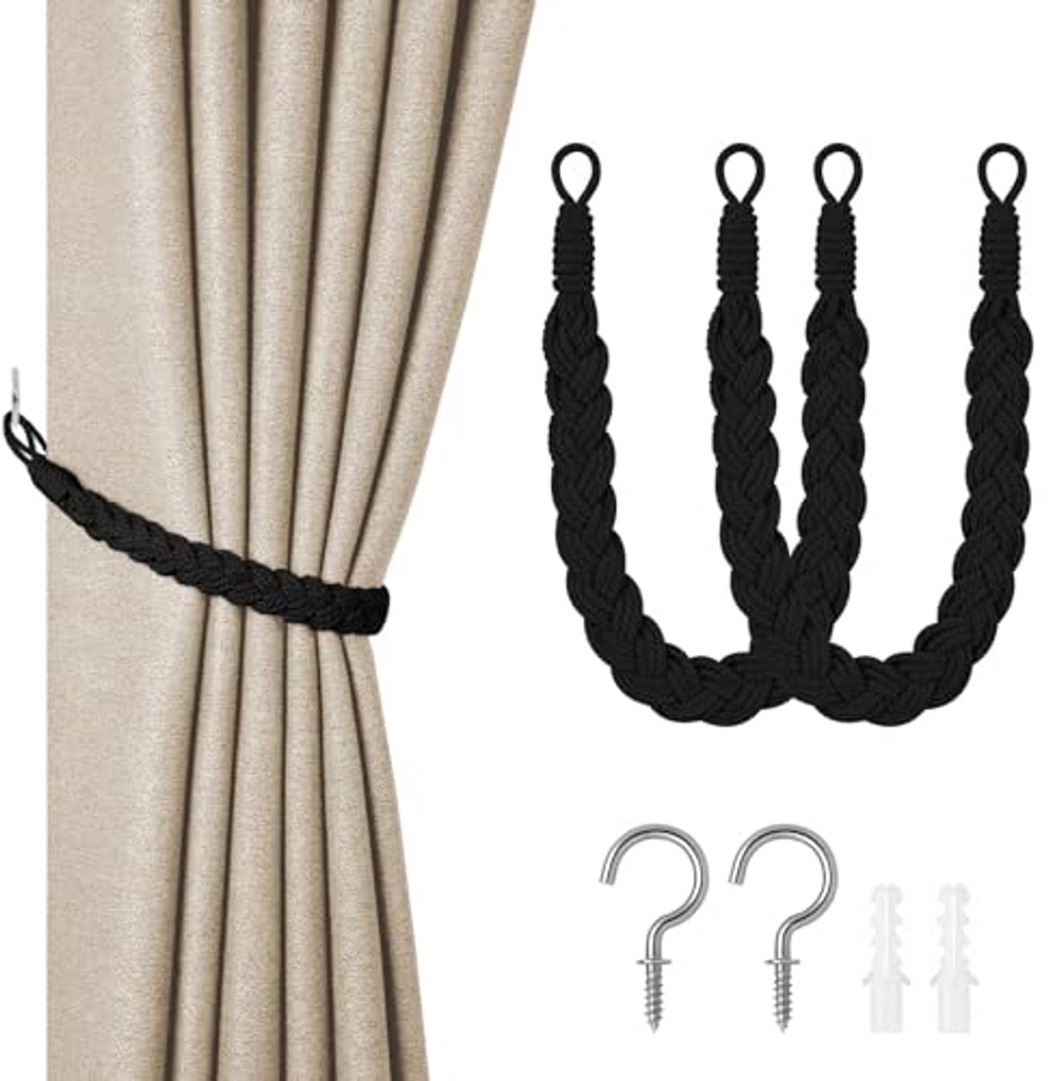 Gordijnbinders 2 Stuks Zwart - Handgebreide Katoenen Gordijnaccessoires voor Huis en Kantoor