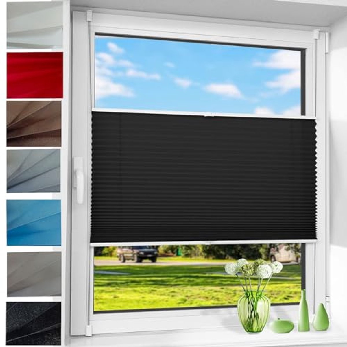 Plisse Vouwgordijn 55 x 160 cm - Verduisterend en Ondoorzichtig Gordijn voor Raam en Deur - Eenvoudige Montage zonder Boren - Zwart