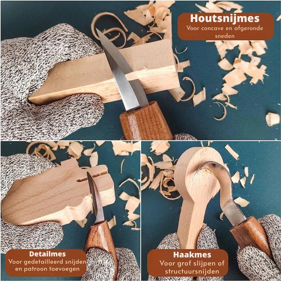 Drie houtsnijgereedschappen worden getoond, inclusief "Houtsnijmes" voor concave sneden, "Detailmes" voor fijne details en "Haakmes" voor groefsneden.