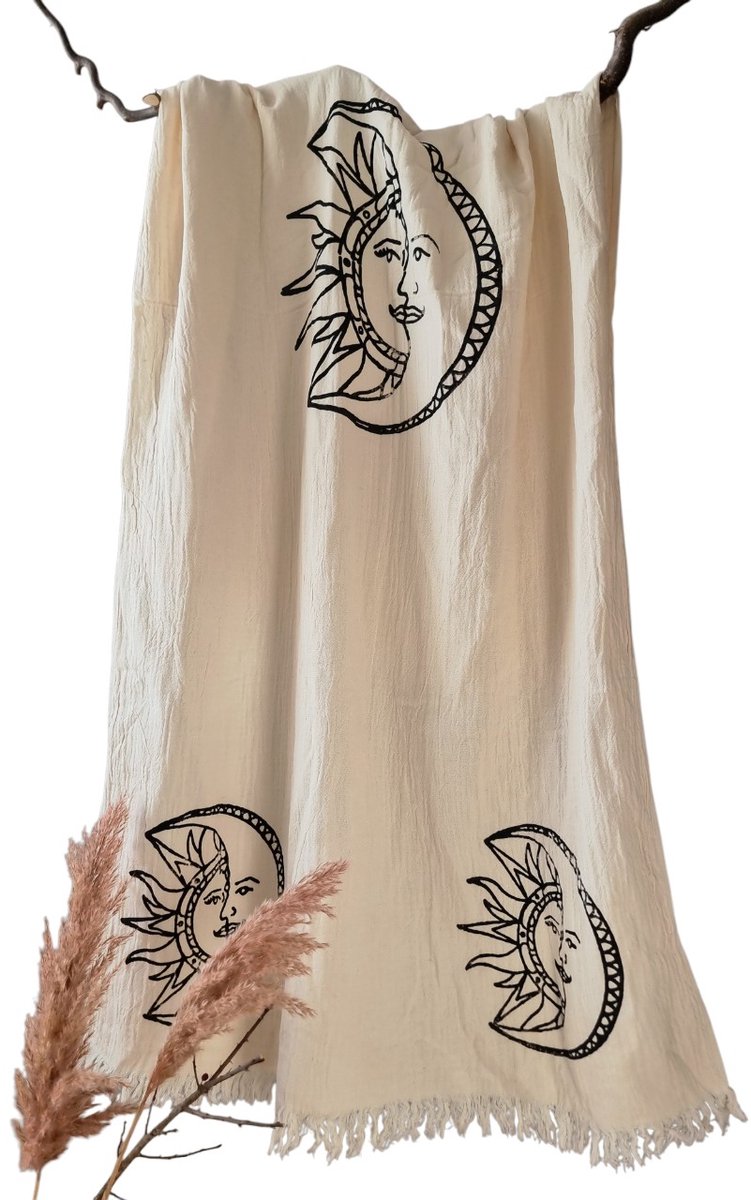 Ederlezi- Mousseline Hamamdoek - Peshtemal - Saunadoek - Maan&Zon Motief - %100 Katoen - 90x170cm