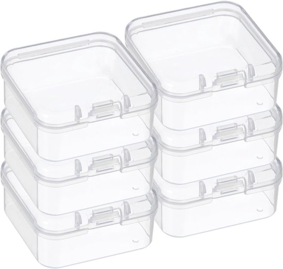 Boîte de rangement 6 pièces - Boîte de rangement avec couvercle - Avec Couvercles à charnière - L 5,5 x l 5,5 x H 2 cm - Boîte de rangement - Mini boîtes pour pilules, Perles, Bijoux et articles de Hobby - Mini pots empilables - Transparent