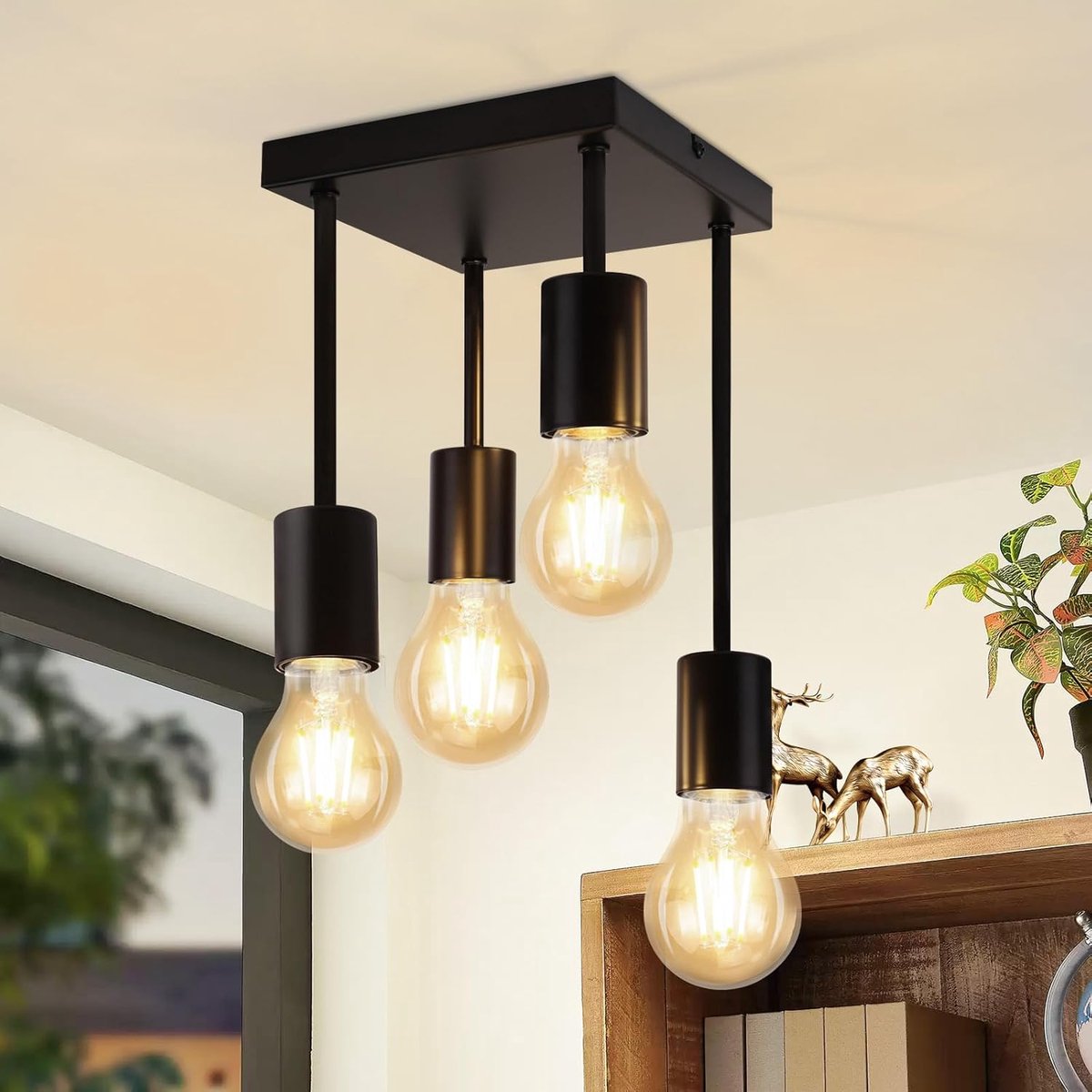 Glitzerlife - Plafondspot - Zwart 4-lichts E27 Fitting - Vintage Industrieel Design - Metaal - Verstelbaar - Exclusief Lichtbron - Voor Keuken, Hal, Slaapkamer, Woonkamer & Bar