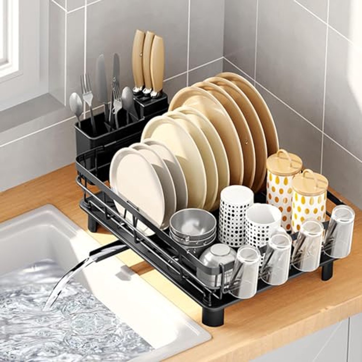 Afdruiprek met Lekbak - Metalen Dish Drainer voor Keuken met Bestek- en Bekerhouder (Zwart, Groot)
