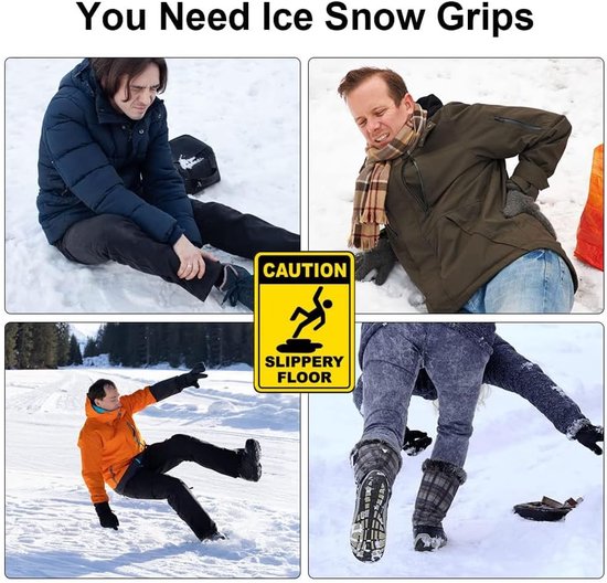 Illustratie van mensen die uitglijden op sneeuw en ijs, met een waarschuwingsbord 'Caution Slippery Floor'.