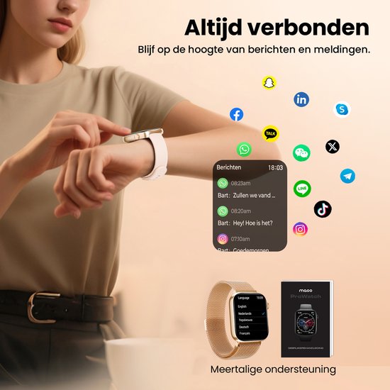 Vrouw draagt een roségouden smartwatch met Milanese band, omringd door app-iconen en een scherm met meldingen.
