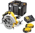 Gele en zwarte DeWalt cirkelzaag, zwarte opbergkoffer, lader en twee 5.0Ah accu's.