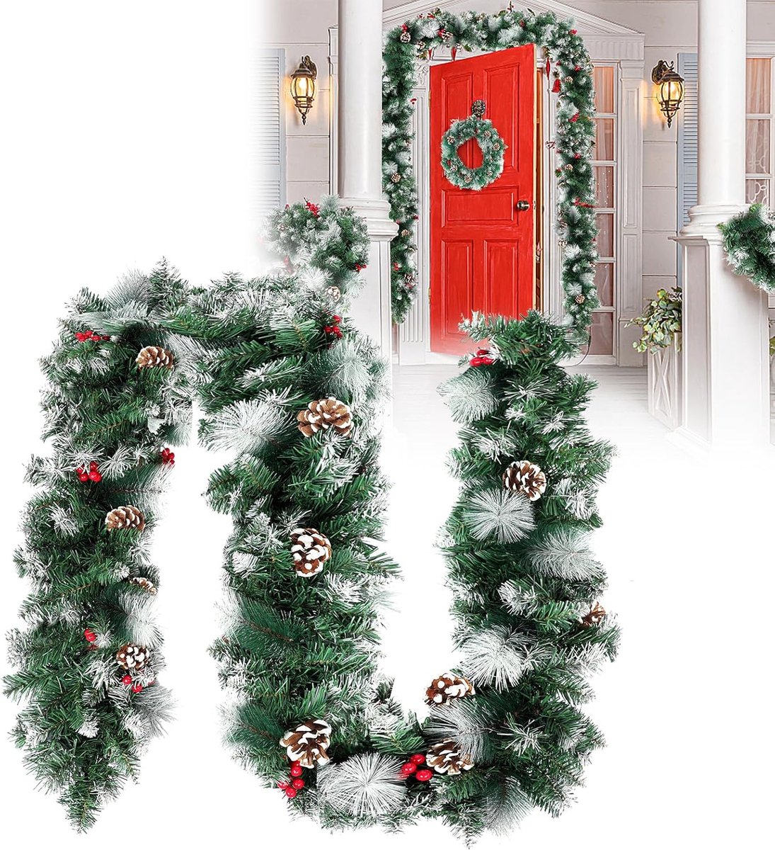 Aufun 5M Kerst guirlande spar guirlande met verlichting Kerstdecoratie guirlande diverse vormen buiten en binnen decoratie voor kerst trap (met lichtslingers, 500cm witte sneeuw)