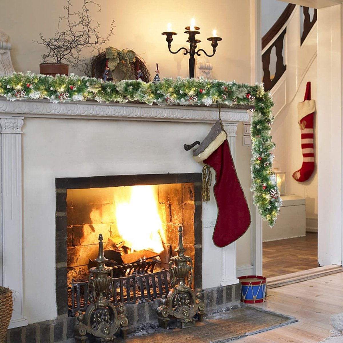 Aufun 5M Kerst guirlande spar guirlande met verlichting Kerstdecoratie guirlande diverse vormen buiten en binnen decoratie voor kerst trap (met lichtslingers, 500cm witte sneeuw) – foto 6
