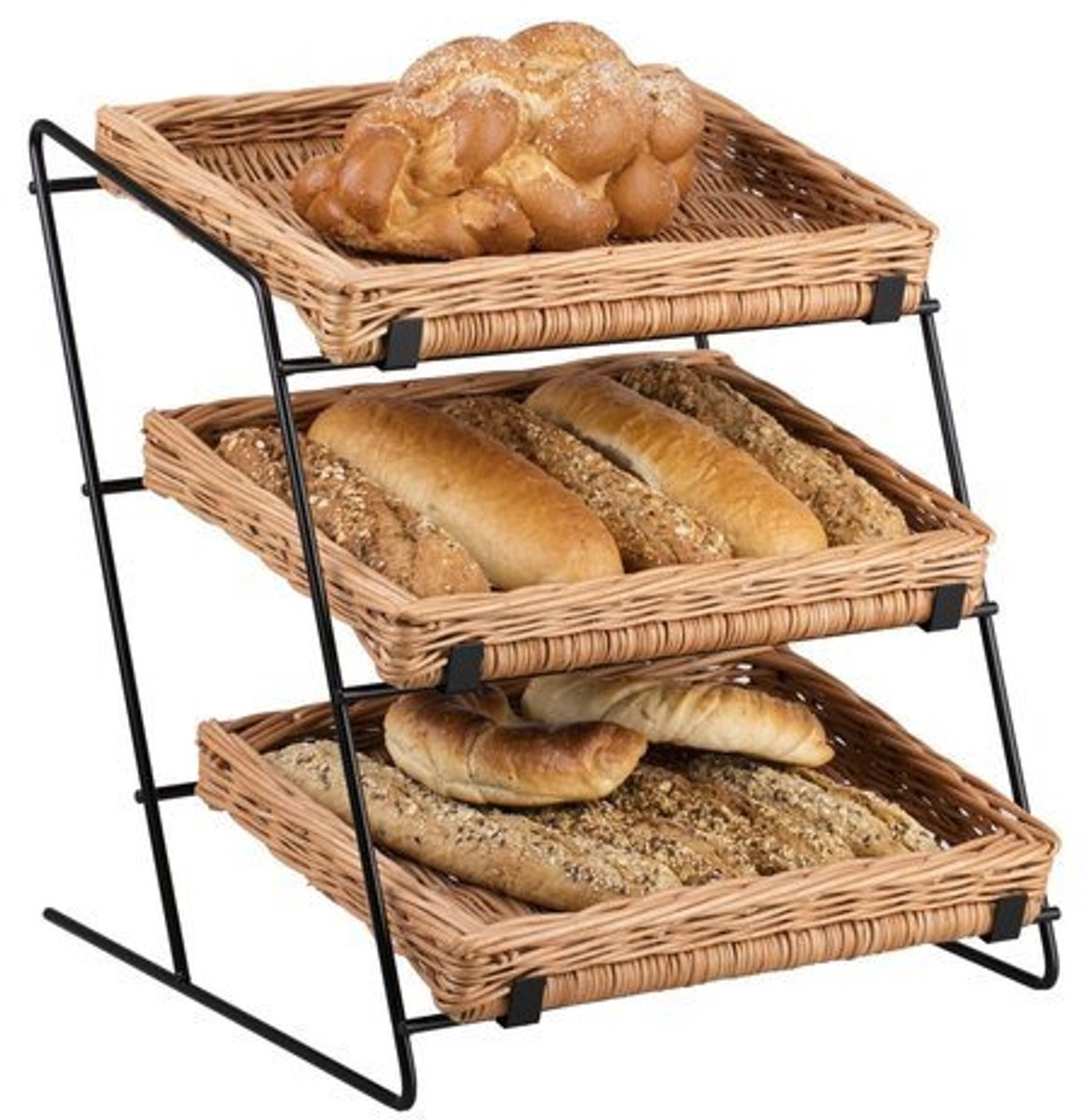 The Wicker Stories - Metalen Opbergrek met 4 Rieten Manden – Displaystandaard voor Bakkerij, Groentewinkel en Winkelpresentatie