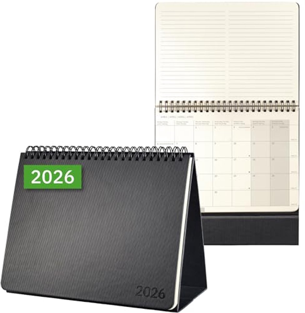 Tischkalender 2026 A5 Querformat mit Notizseiten - Luxus Agenda in Schwarz