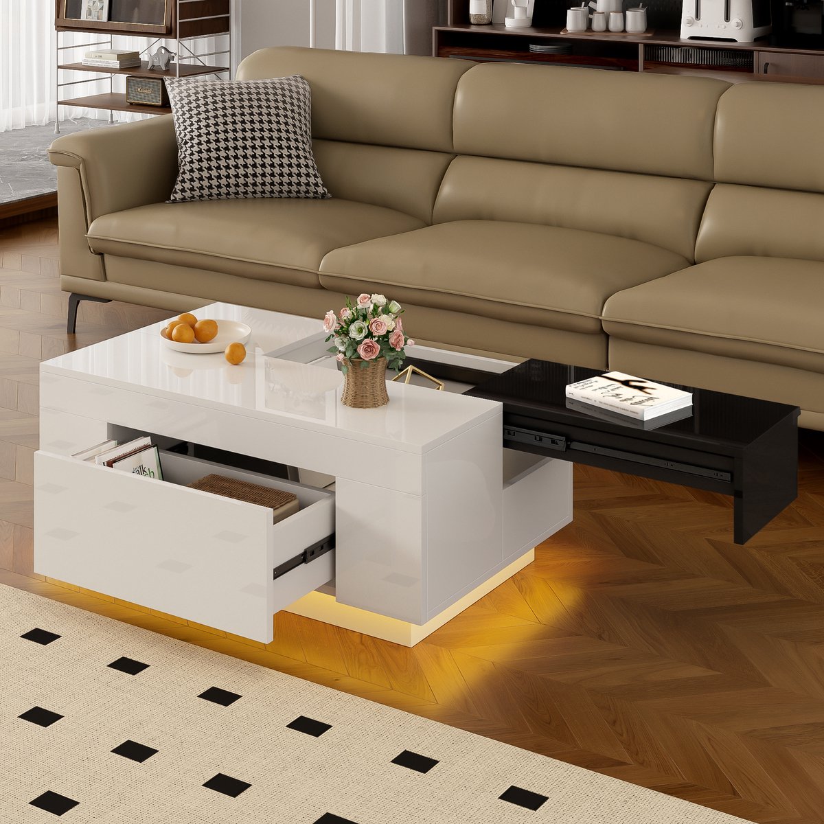 HAUSS SPOLE Salontafels - Koffietafel Met Uitklapbare Tafelplaat En 16-Kleur LED - 80x50x35,5 cm - MDF - Wit