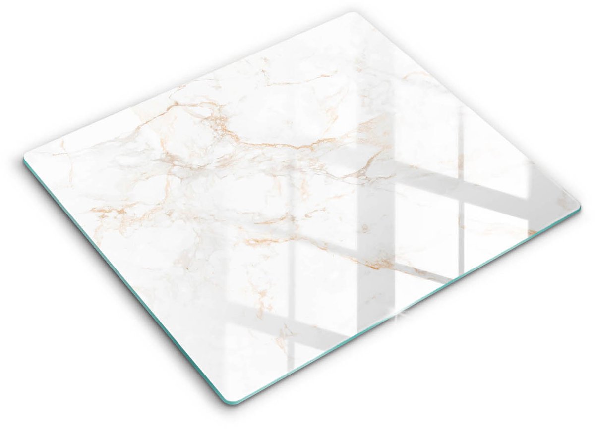 Wallfluent Spatscherm Keuken - Wit Fornuis Achterwand Glas - 60x52 cm - Elegante Stenen Marmer Spatscherm Glas - Abstractie Rechthoekig Spatscherm Keuken