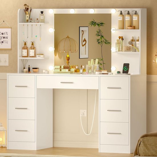 FIONESO Make-uptafel met grote spiegel en LED-verlichting, kaptafel met 5 laden, 2 open schappen, kaptafel met cosmeticatafel voor meisjes, vrouwen en slaapkamers, wit (L FIONESO Make-uptafel met grote spiegel en LED-verlichting, kaptafel met 5 laden, 2 open schappen, kaptafel met cosmeticatafel voor meisjes, vrouwen en slaapkamers, wit (L