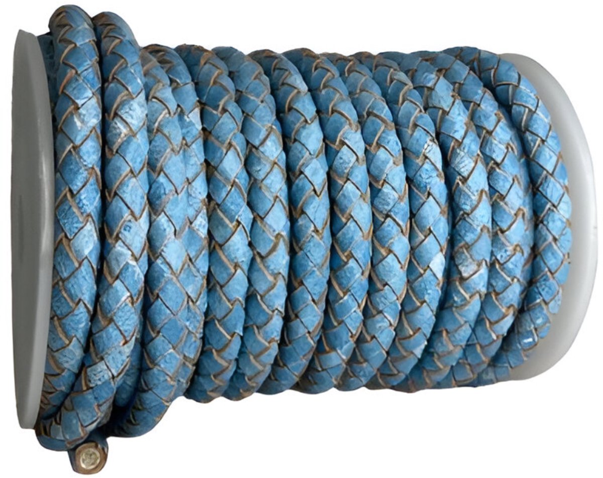 Gevlochten Leren Koord Rond, 5 m x 6 mm - Rond Gevlochten Lederen Koord, Voor Halskettingen, Armbanden, Sieraden, Knutselkralen en Veters (Jeans Blauw)