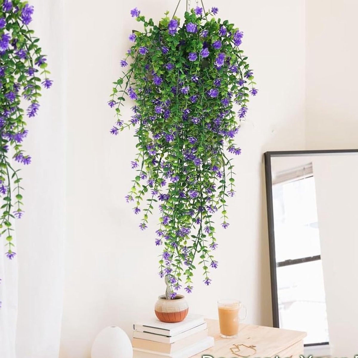 Famanu - 2 stuks kunstplanten, hangende kunstplanten, sering, kunstbloemen, voor buiten en binnen, hangende kunstbloemen, decoratie voor balkontuin