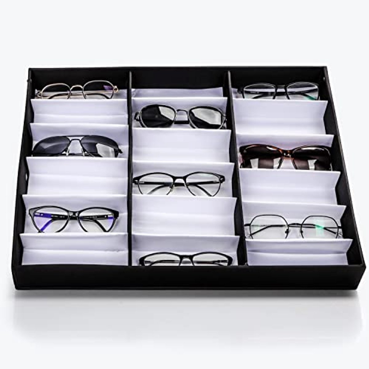 Sunglasses Display Organizer Box with 18 Compartments – Black Unisex Storage for Glasses