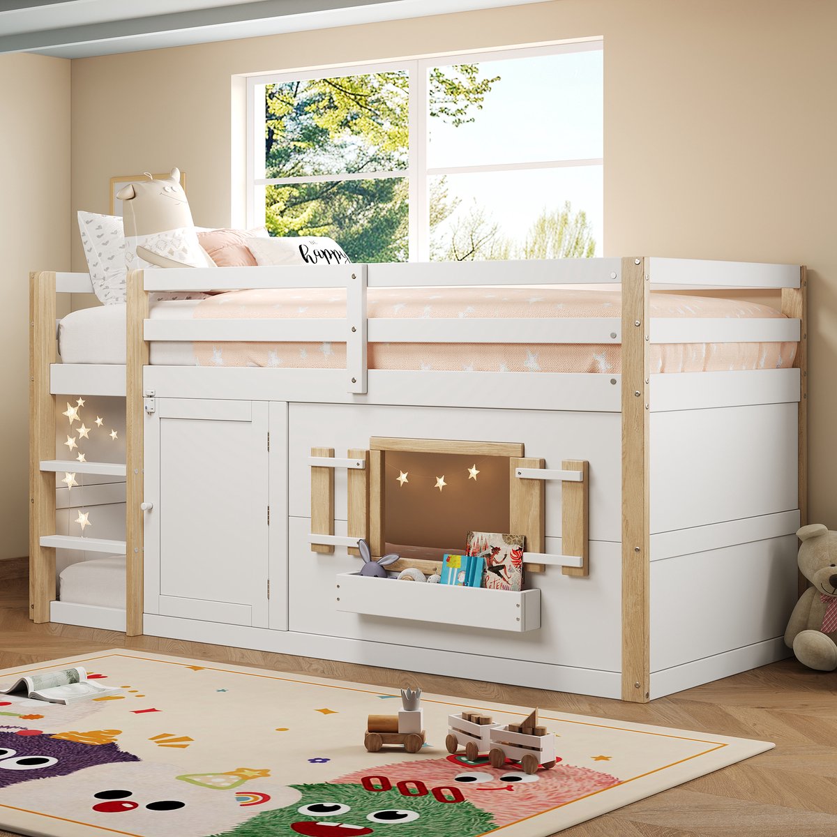 Merax Hoogslaper 90 x 200 cm - kinderbed met ladder - kan worden omgevormd tot speelruimte - wit - zonder matras