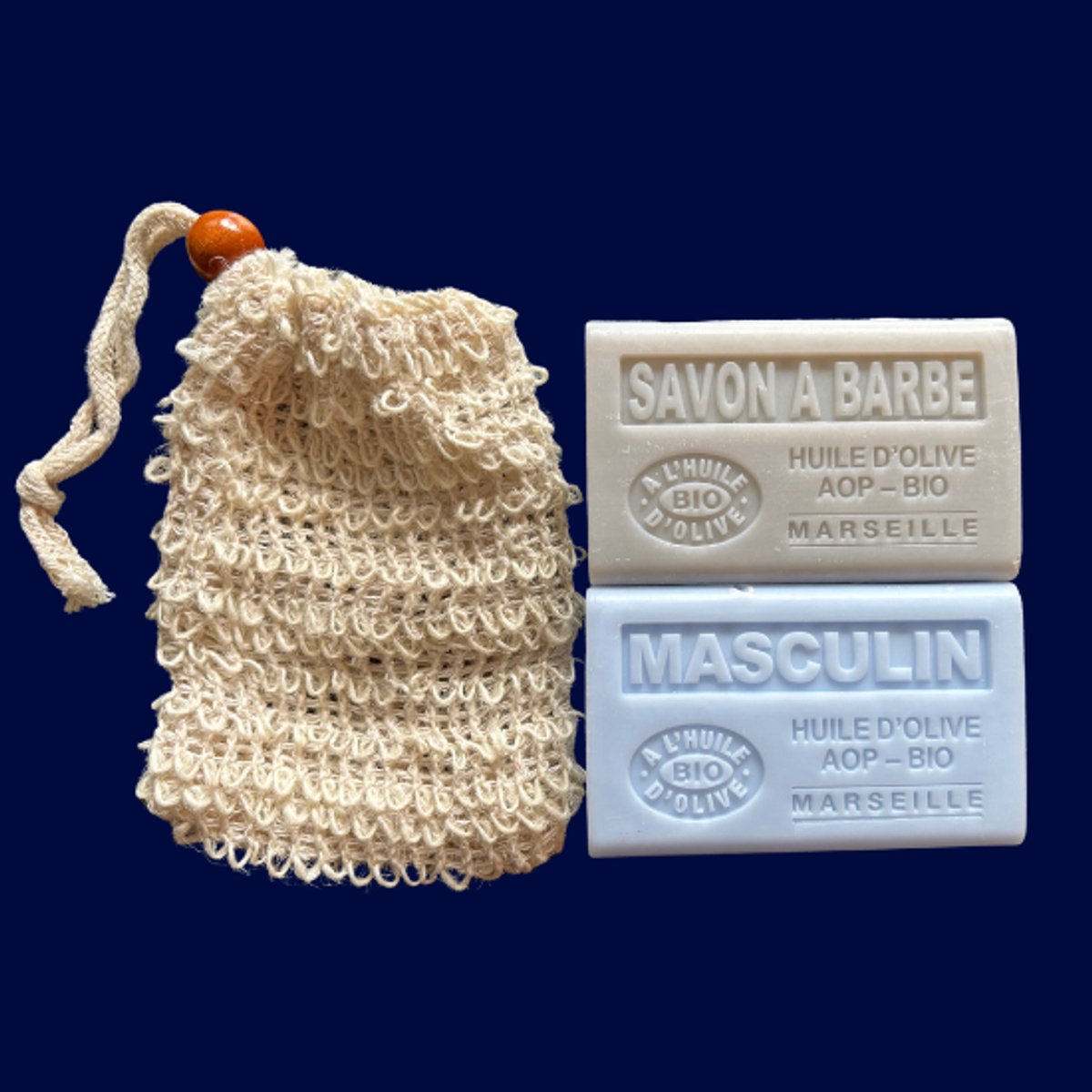 Franse Mannenzeep Set – Savon à Barbe & Masculin zeep (2 x 125 g) & duurzaam sisal scrubzakje - Mannen cadeau - Savon de Marseille zeep