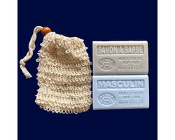 Franse Mannenzeep Set – Savon à Barbe & Masculin zeep (2 x 125 g) & duurzaam sisal scrubzakje - Mannen cadeau - Savon de Marseille zeep
