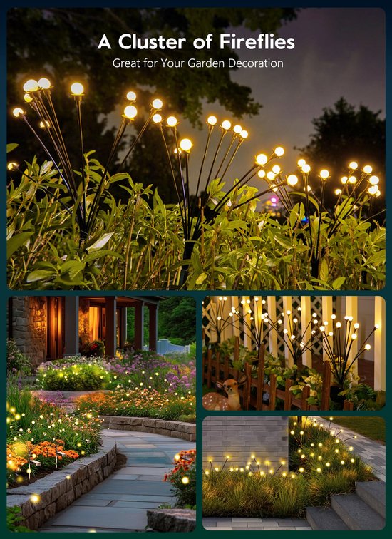 Kleurverandering Firefly tuinverlichting op zonne-energie voor buiten, 2 stuks, vuurvliegjes, waterdicht, swinging, tuinverlichting voor pathway, Kerstmis, tuin, patio, landschap, decoratief, 8 leds