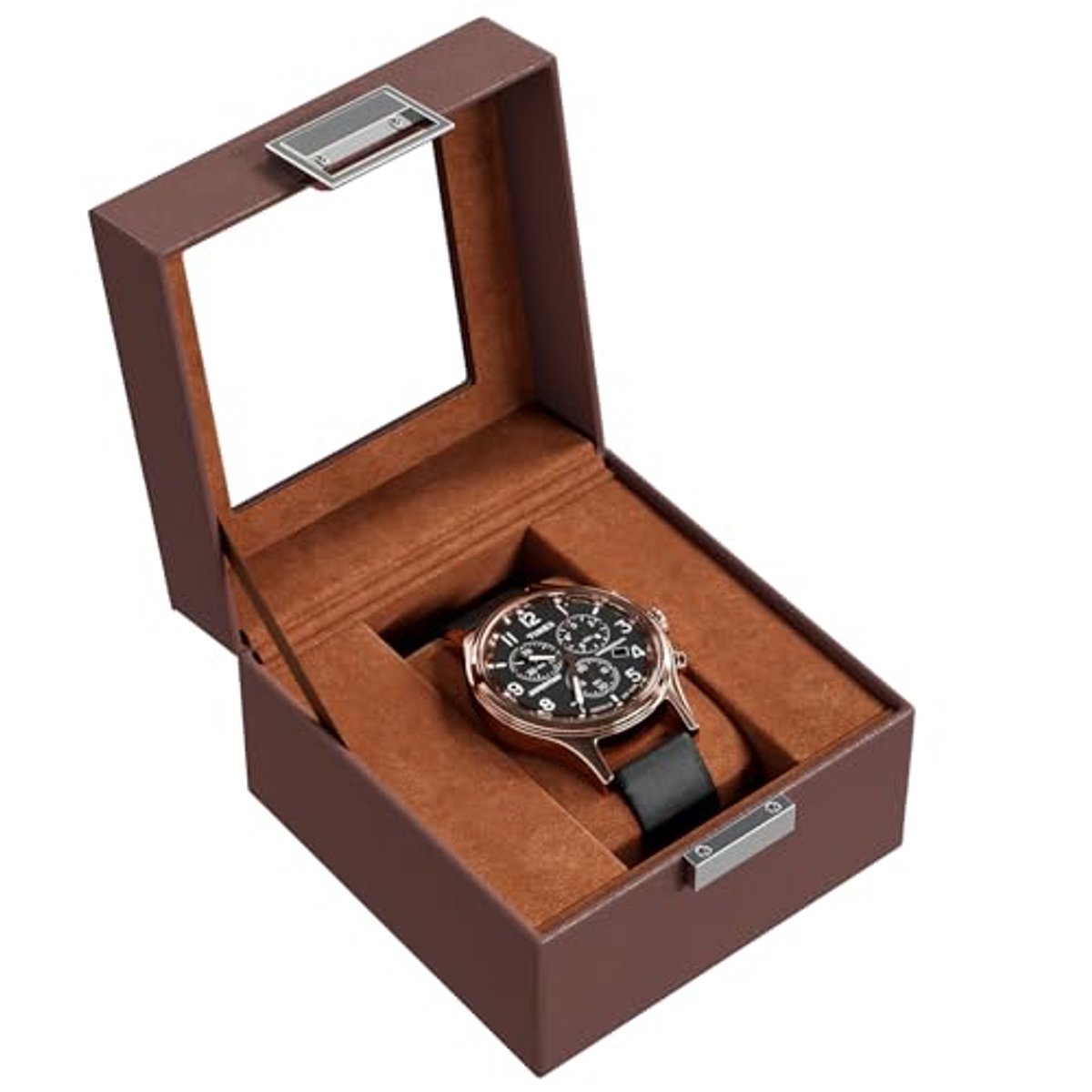 Horloge box met 1 compartiment en glazen deksel - Premium PU leren horlogebox voor mannen