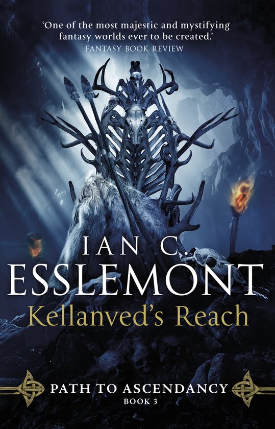 Boekomslag 'Kellanved's Reach' met troon gemaakt van botten en gewei, met een schedel op de rugleuning.