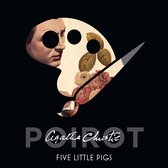Een schildersezel met bladeren en bloemen, een profiel van een vrouw en de tekst 'Agatha Christie FIVE LITTLE PIGS'.
