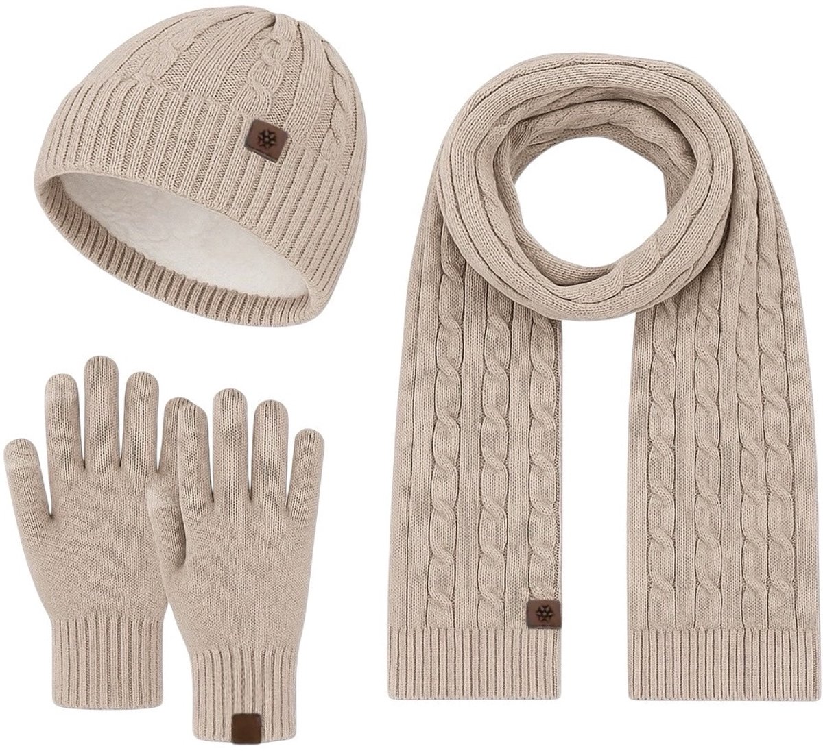 Ultiluxe® Winterset voor heren en dames - Muts, sjaal en handschoenen - Beige - Voor volwassenen - Warm gevoerde beanie - Lange sjaal - Unisex - Winteraccessoire setje - Tegen kou en wind - Voor mannen en vrouwen