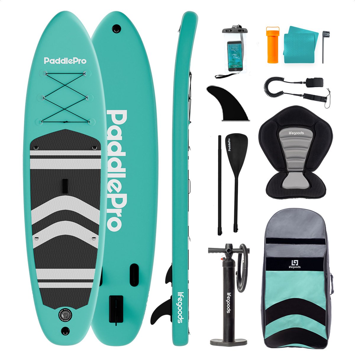 Bol.com LifeGoods PaddlePro SUP Board - met Zitje - Opblaasbaar Paddle Board - Complete Set - Max. 150KG - 320x81cm - Mintgroen/... aanbieding
