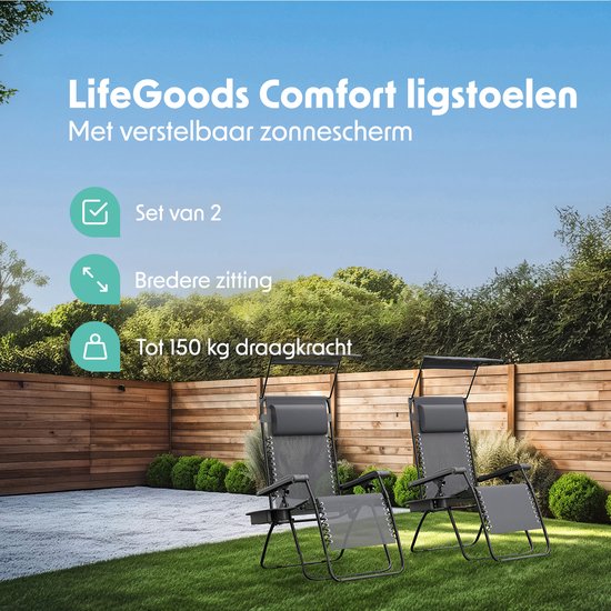 LifeGoods Opvouwbare Tuinstoelen - Verstelbaar Zonnescherm - Ligstoel Tuin - 2 Stuks - 30°-90° Verstelbaar - Metaal - Donkergrijs van LifeGoods — afbeelding 2