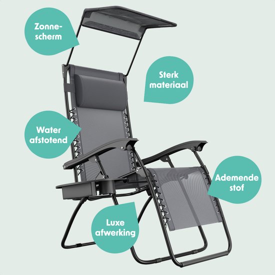 LifeGoods Opvouwbare Tuinstoelen - Verstelbaar Zonnescherm - Ligstoel Tuin - 2 Stuks - 30°-90° Verstelbaar - Metaal - Donkergrijs van LifeGoods — afbeelding 5