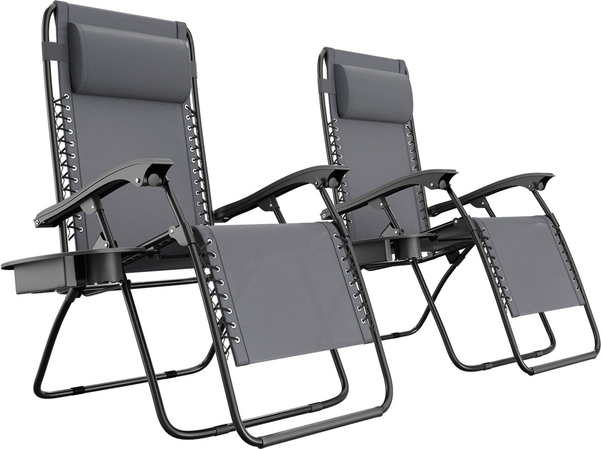 Bol.com LifeGoods Opvouwbare Tuinstoelen - 2 Stuks - Ligstoel Tuin - 30°-90° Verstelbaar - Metaal - Donkergrijs aanbieding