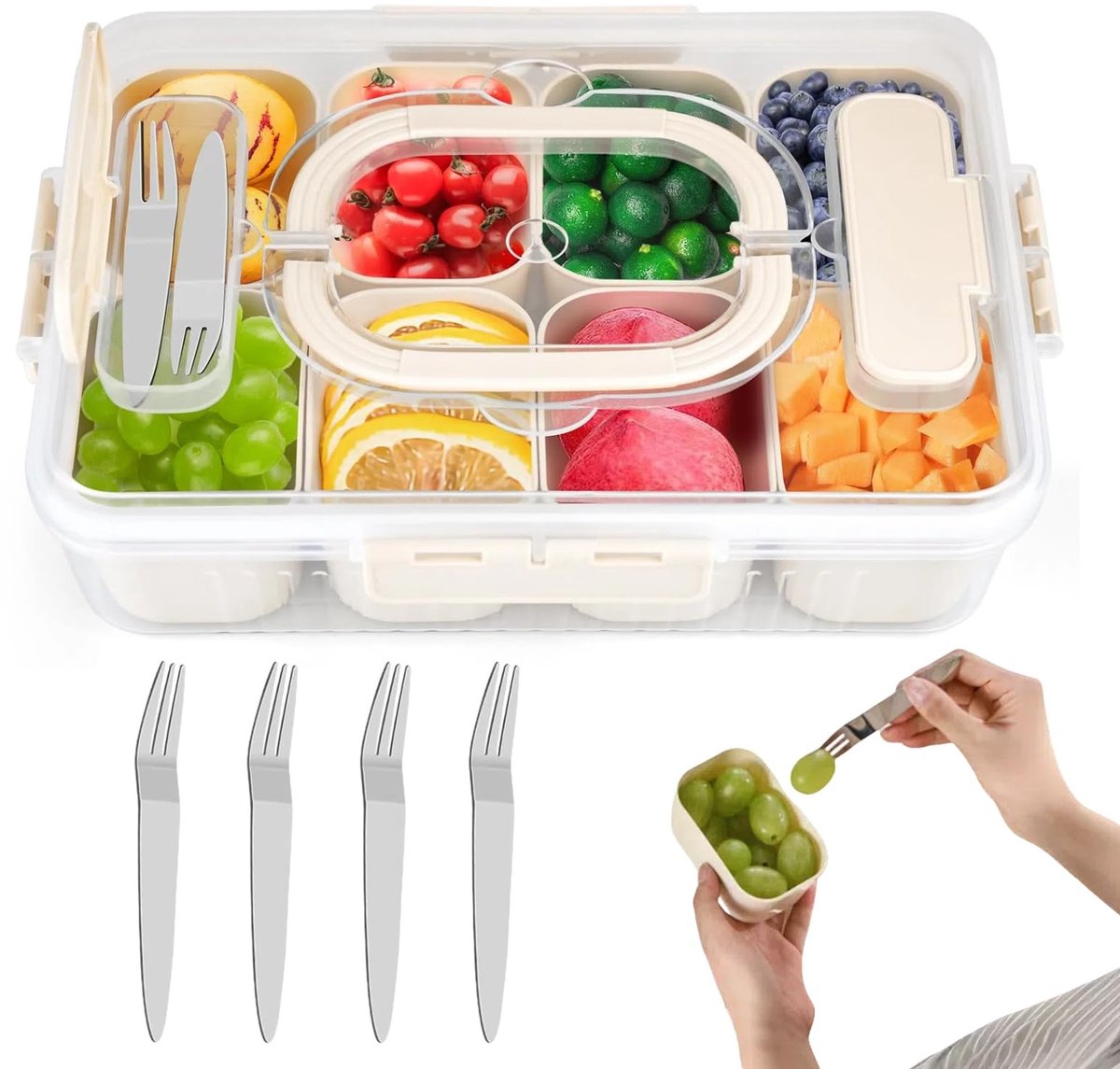 Azomor® Handige draagbare snackbox met acht vakken en vier geïntegreerde vorken