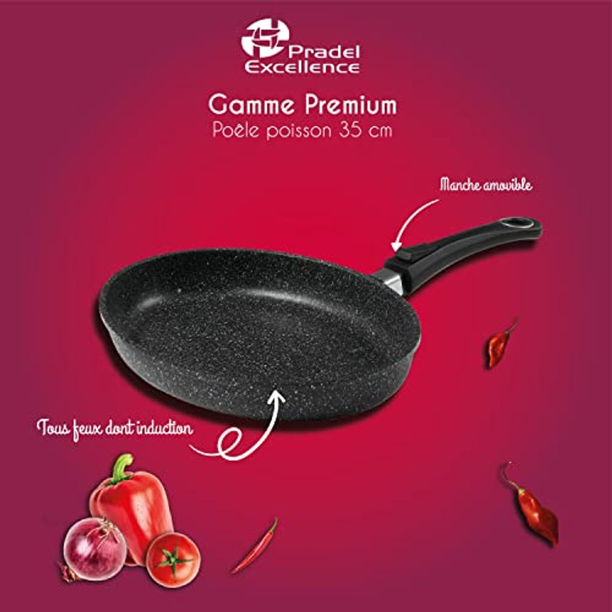 Gegoten Aluminium Vispan met Steenlook en Afneembare Greep 24-32 cm